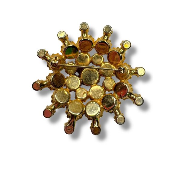 Vintage Gold Tone Brooch Green Clear Aurora Borealis Crystal Stones 2" - Picture 6 of 9